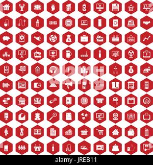 100 sales icons hexagon red Stock Vector