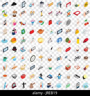 100 habits icons set, isometric 3d style Stock Vector