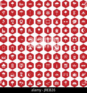 100 scenery icons hexagon red Stock Vector