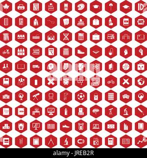 100 school icons hexagon red Stock Vector