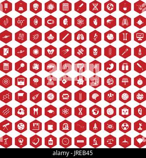 100 science icons hexagon red Stock Vector
