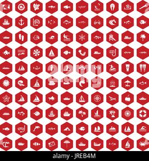 100 sea icons hexagon red Stock Vector