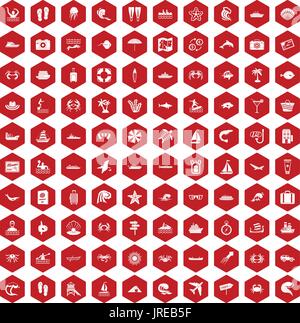 100 sea life icons hexagon red Stock Vector