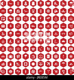 100 seaside resort icons hexagon red Stock Vector