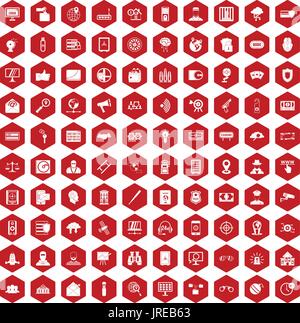 100 security icons hexagon red Stock Vector