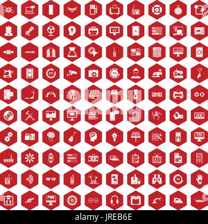 100 settings icons hexagon red Stock Vector