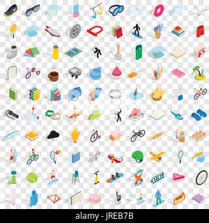 100 hobby icons set, isometric 3d style Stock Vector