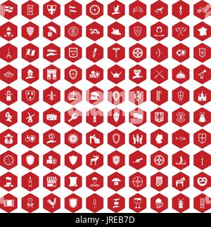 100 shield icons hexagon red Stock Vector