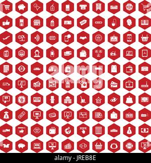 100 shopping icons hexagon red Stock Vector