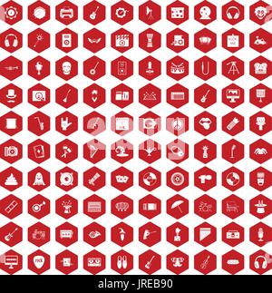 100 show business icons hexagon red Stock Vector