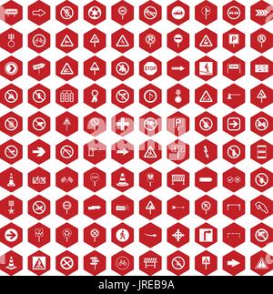 100 road signs icons hexagon red Stock Vector