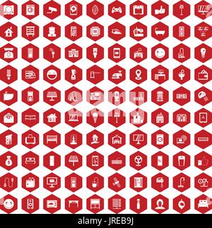 100 smart house icons hexagon red Stock Vector