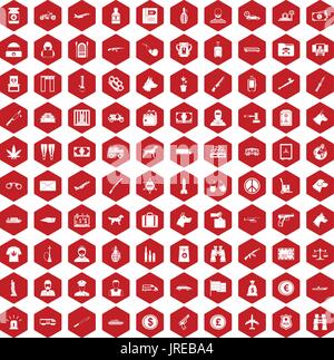 100 smuggling icons hexagon red Stock Vector