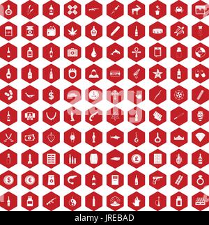 100 smuggling goods icons hexagon red Stock Vector