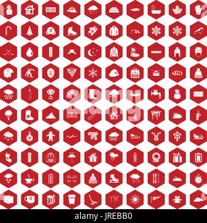 100 snow icons hexagon red Stock Vector