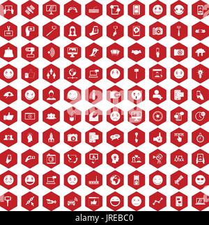 100 social media icons hexagon red Stock Vector
