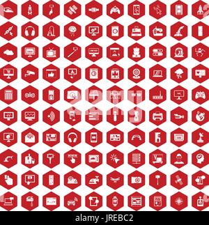 100 software icons hexagon red Stock Vector