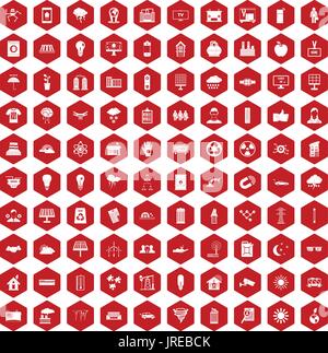 100 solar energy icons hexagon red Stock Vector