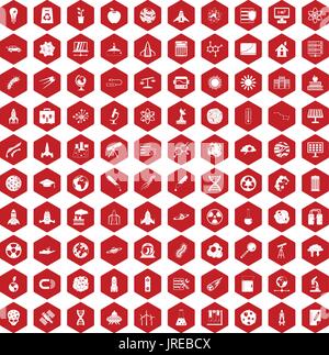 100 space icons hexagon red Stock Vector