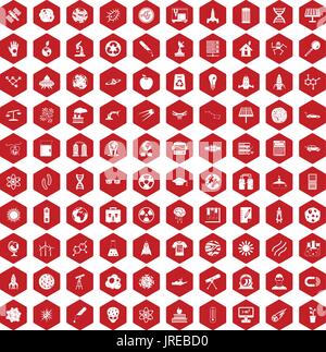 100 space technology icons hexagon red Stock Vector
