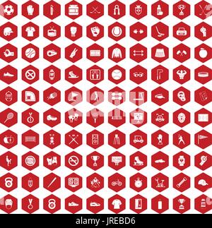 100 sport equipment icons hexagon red Stock Vector