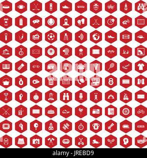 100 sport journalist icons hexagon red Stock Vector