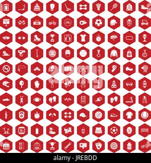 100 sport accessories icons hexagon red Stock Vector