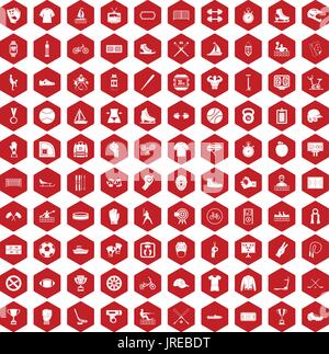 100 sport team icons hexagon red Stock Vector