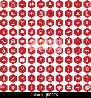 100 spring icons hexagon red Stock Vector