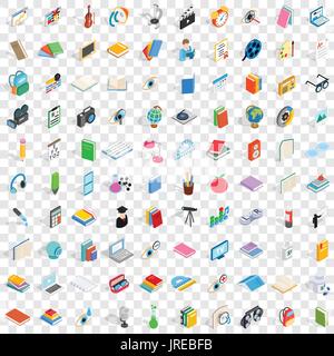 100 knowledge icons set, isometric 3d style Stock Vector