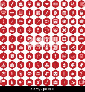 100 stationery icons hexagon red Stock Vector