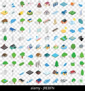 100 landscape icons set, isometric 3d style Stock Vector