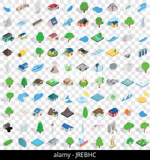 100 landscape element icons set, isometric style Stock Vector