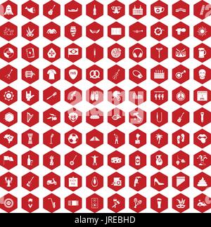 100 street festival icons hexagon red Stock Vector