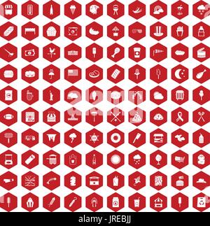 100 street food icons hexagon red Stock Vector