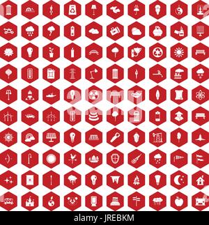 100 street lighting icons hexagon red Stock Vector