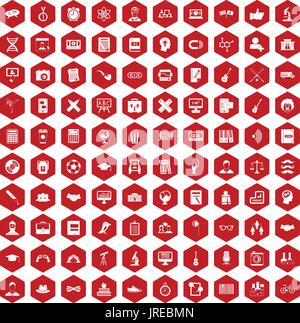 100 student icons hexagon red Stock Vector