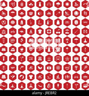 100 summer icons hexagon red Stock Vector