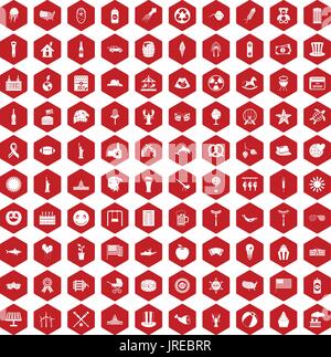 100 summer holidays icons hexagon red Stock Vector