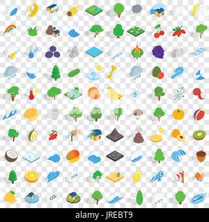 100 live nature icons set, isometric 3d style Stock Vector