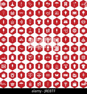 100 summer shopping icons hexagon red Stock Vector