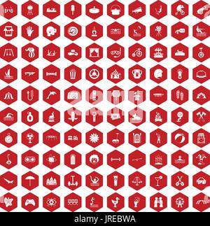 100 summer vacation icons hexagon red Stock Vector