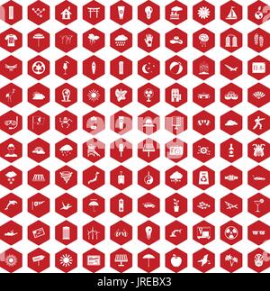 100 sun icons hexagon red Stock Vector