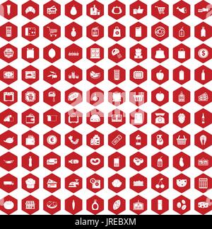 100 supermarket icons hexagon red Stock Vector