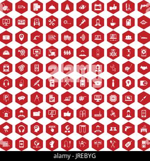 100 support icons hexagon red Stock Vector