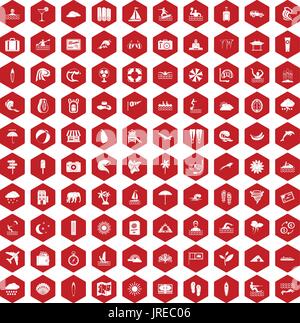100 surfing icons hexagon red Stock Vector