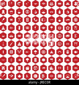 100 sushi bar icons hexagon red Stock Vector
