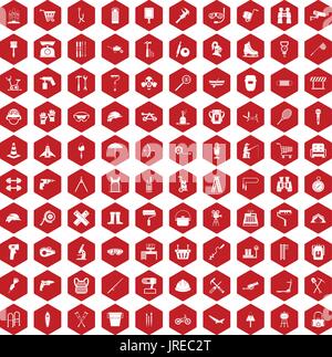 100 tackle icons hexagon red Stock Vector