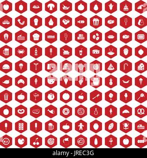 100 tasty food icons hexagon red Stock Vector