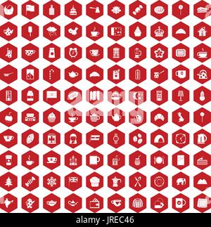 100 tea cup icons hexagon red Stock Vector